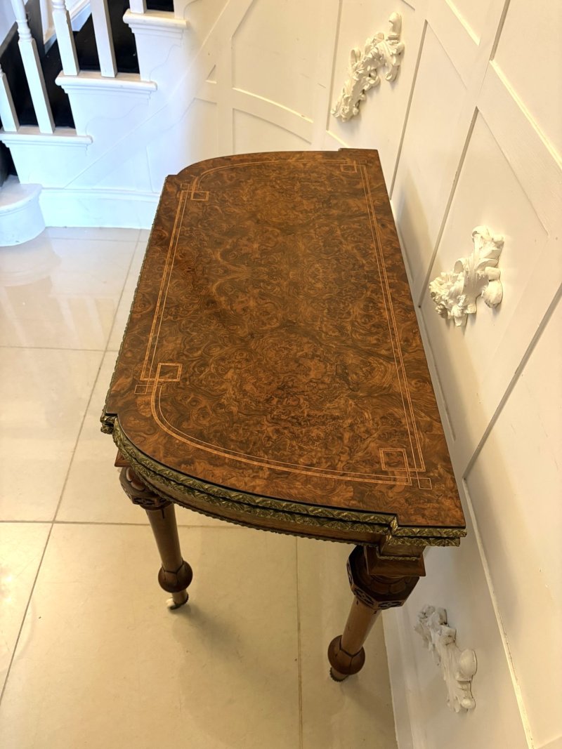 Antique Victorian Burr Walnut Card Console Table with Ormolu Mounts and Inlay - Image 6